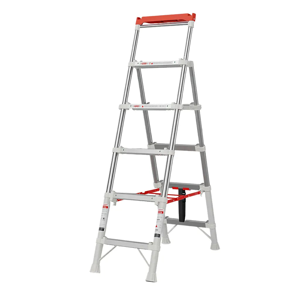 GROVIA 2nd Gen Pro Aluminium Alloy 5-Step Folding Ladder - Tool Tray & Patented Safety Lock, 3.1m Reach - Silver & White