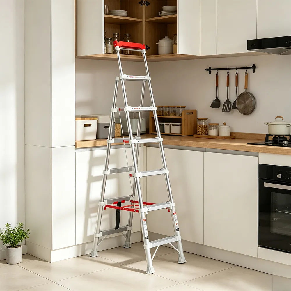 GROVIA 2nd Gen Pro Aluminium Alloy 6-Step Folding Ladder - Tool Tray & Patented Safety Lock, 3.4m Reach - Silver & White