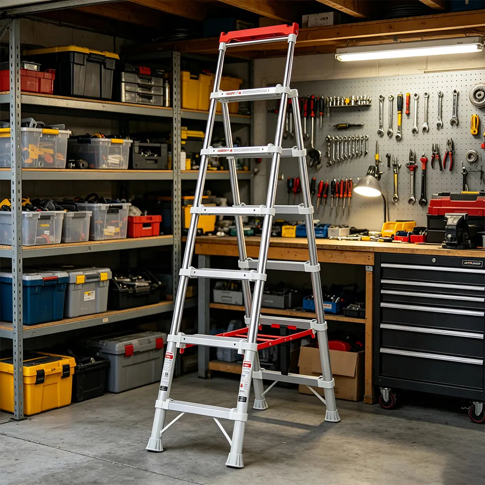 GROVIA 2nd Gen Pro Aluminium Alloy 6-Step Folding Ladder - Tool Tray & Patented Safety Lock, 3.4m Reach - Silver & White