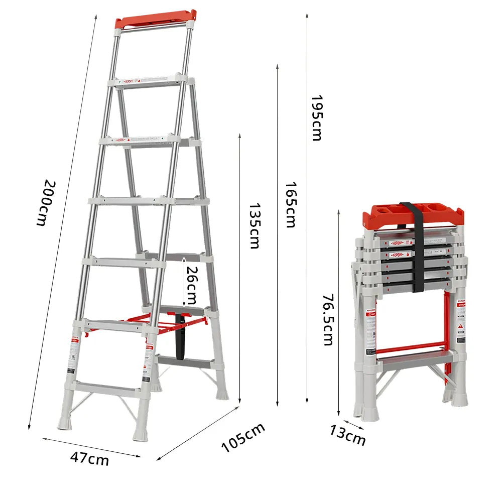 GROVIA 2nd Gen Pro Aluminium Alloy 6-Step Folding Ladder - Tool Tray & Patented Safety Lock, 3.4m Reach - Silver & White