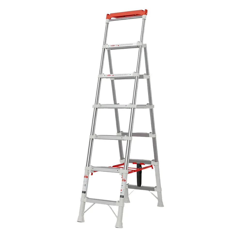 GROVIA 2nd Gen Pro Aluminium Alloy 6-Step Folding Ladder - Tool Tray & Patented Safety Lock, 3.4m Reach - Silver & White