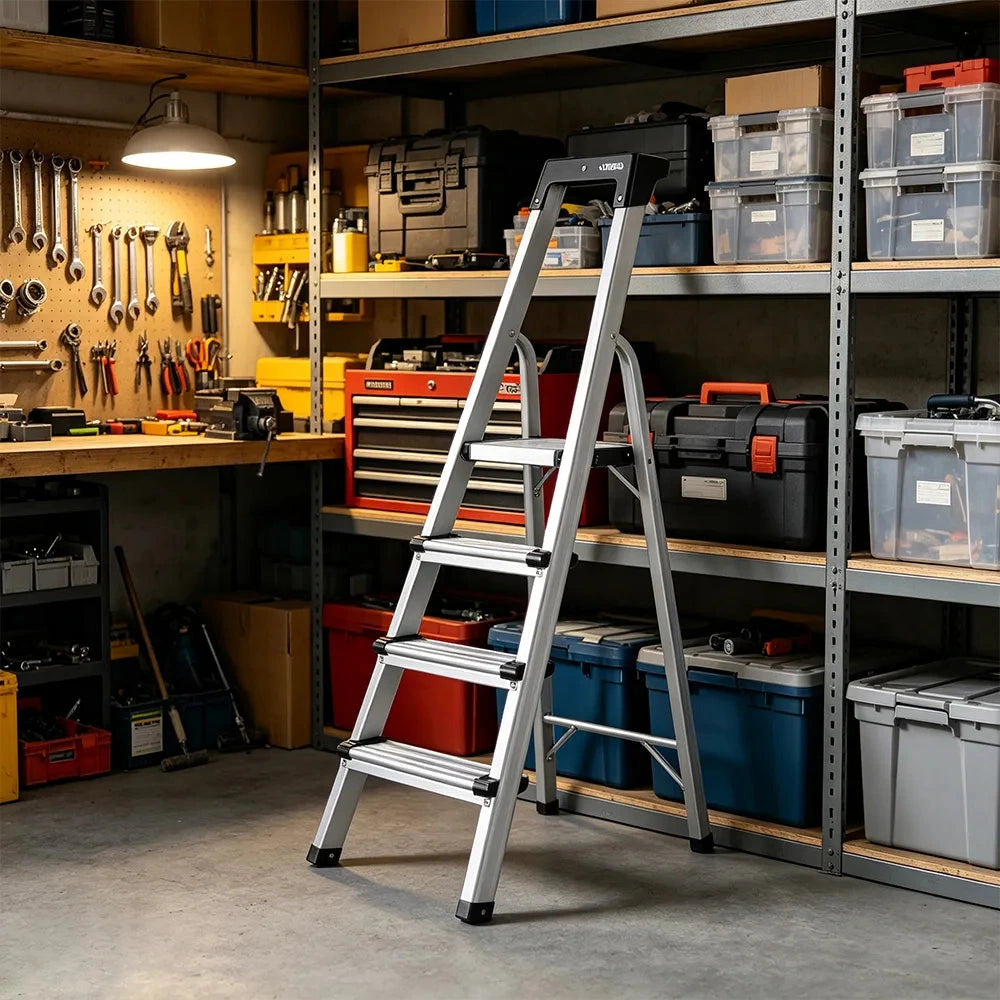 GROVIA Aluminium Alloy 4-Step Folding Ladder - Tool Tray, 2.76m Reach for Home & Maintenance - Moonlight Silver