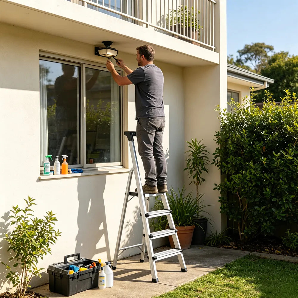 GROVIA Aluminium Alloy 4-Step Folding Ladder - Tool Tray, 2.76m Reach for Home & Maintenance - Moonlight Silver