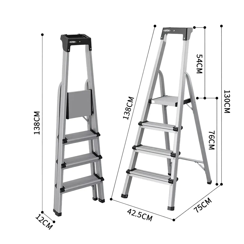 GROVIA Aluminium Alloy 4-Step Folding Ladder - Tool Tray, 2.76m Reach for Home & Maintenance - Moonlight Silver