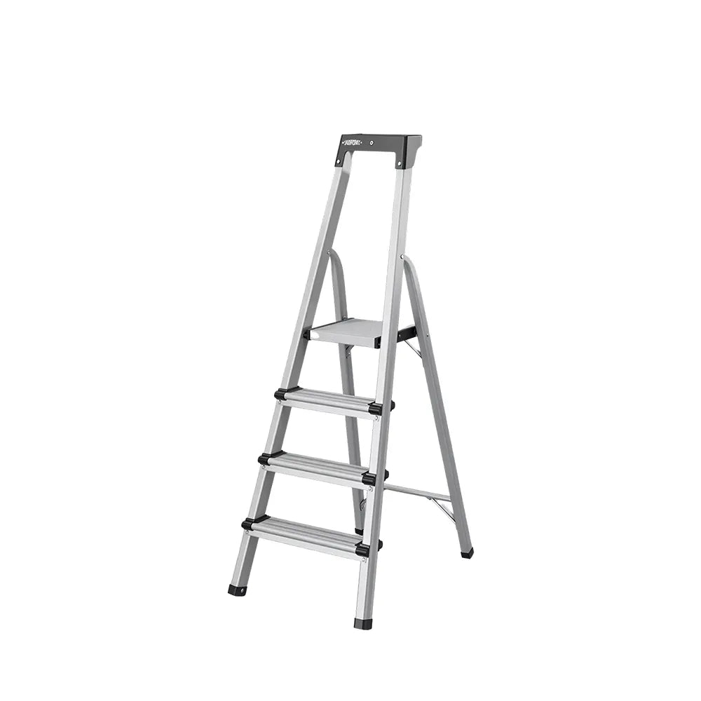 GROVIA Aluminium Alloy 4-Step Folding Ladder - Tool Tray, 2.76m Reach for Home & Maintenance - Moonlight Silver