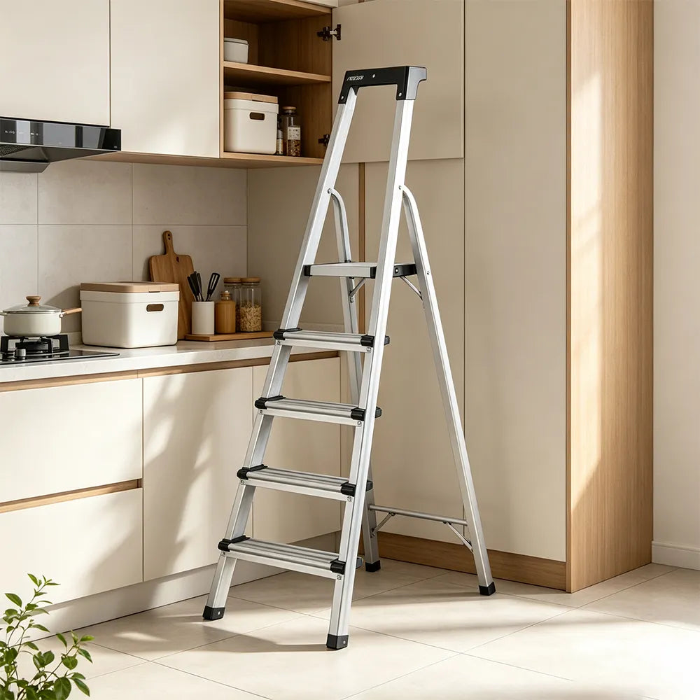 GROVIA Aluminium Alloy 5-Step Folding Ladder - Tool Tray, 2.96m Reach for Home & Maintenance - Moonlight Silver