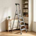 GROVIA Aluminium Alloy 5-Step Folding Ladder - Tool Tray, 2.96m Reach for Home & Maintenance - Moonlight Silver