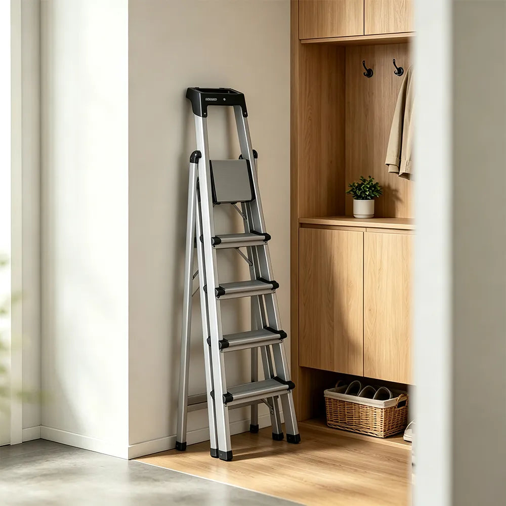 GROVIA Aluminium Alloy 5-Step Folding Ladder - Tool Tray, 2.96m Reach for Home & Maintenance - Moonlight Silver