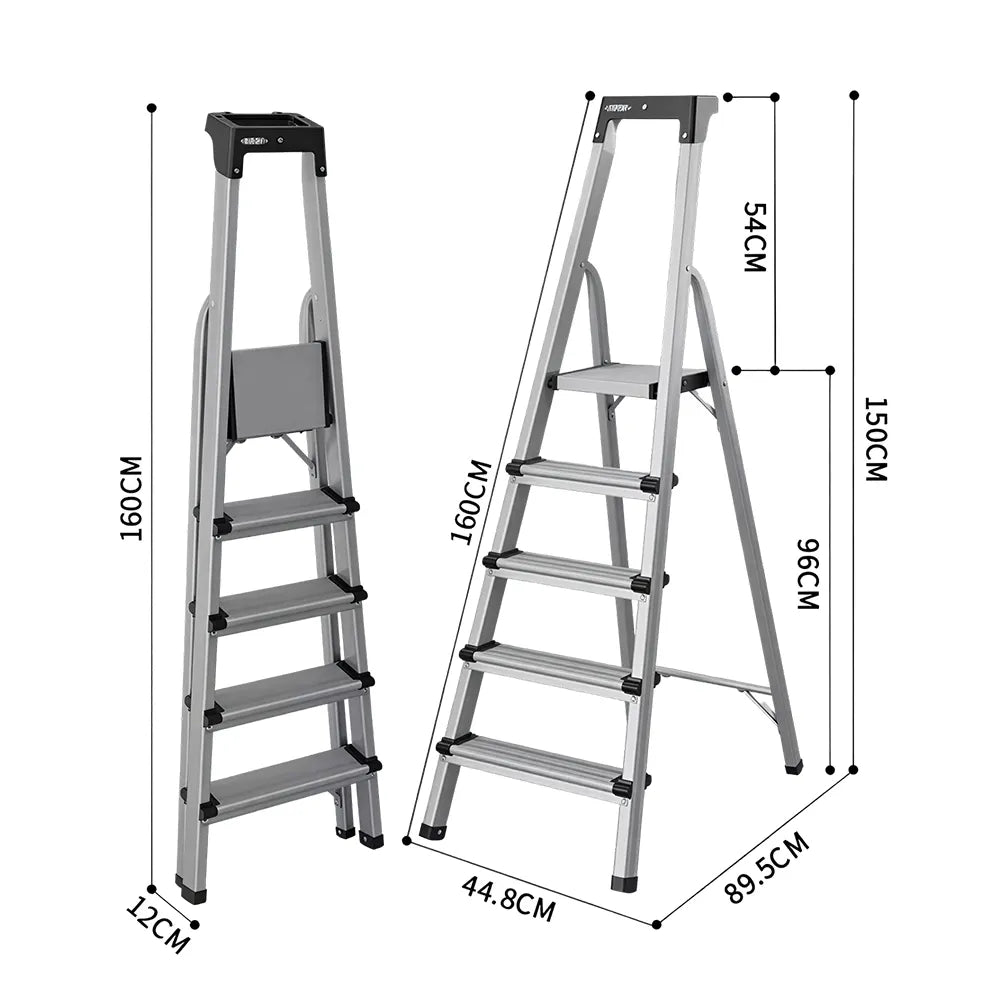 GROVIA Aluminium Alloy 5-Step Folding Ladder - Tool Tray, 2.96m Reach for Home & Maintenance - Moonlight Silver
