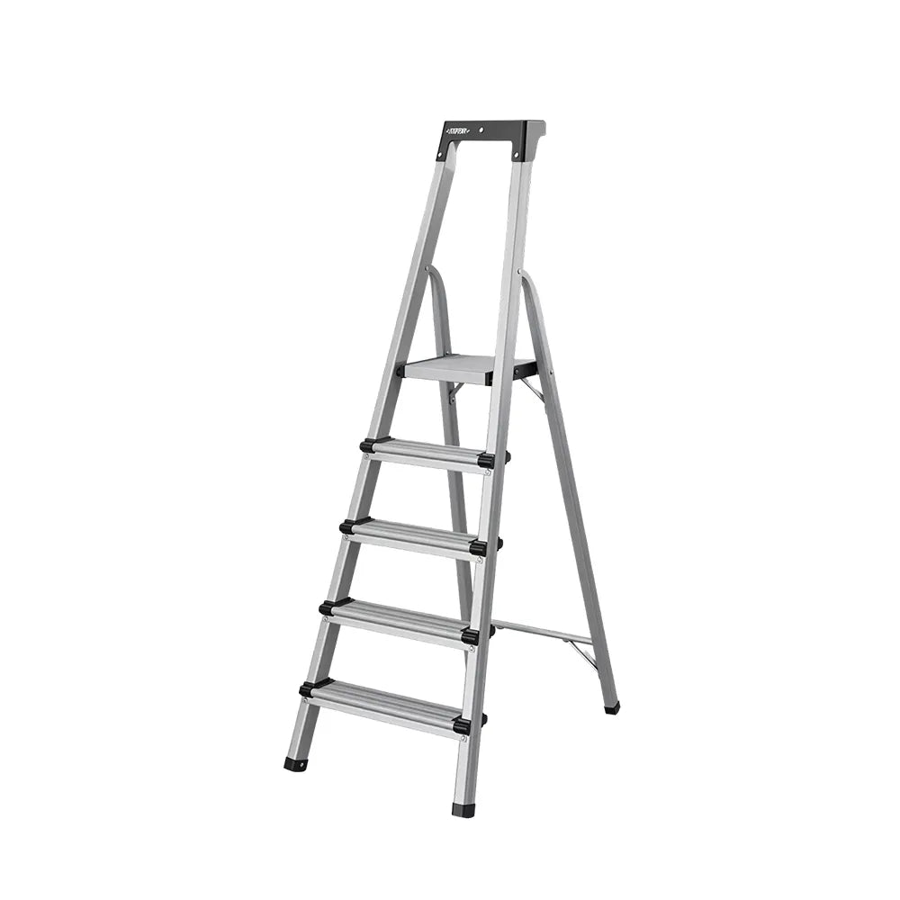 GROVIA Aluminium Alloy 5-Step Folding Ladder - Tool Tray, 2.96m Reach for Home & Maintenance - Moonlight Silver