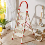 GROVIA Aluminium Alloy 4-Step Folding Ladder - Safety Lock & 18cm Wide Top Step for Home Use - Cream White & Red