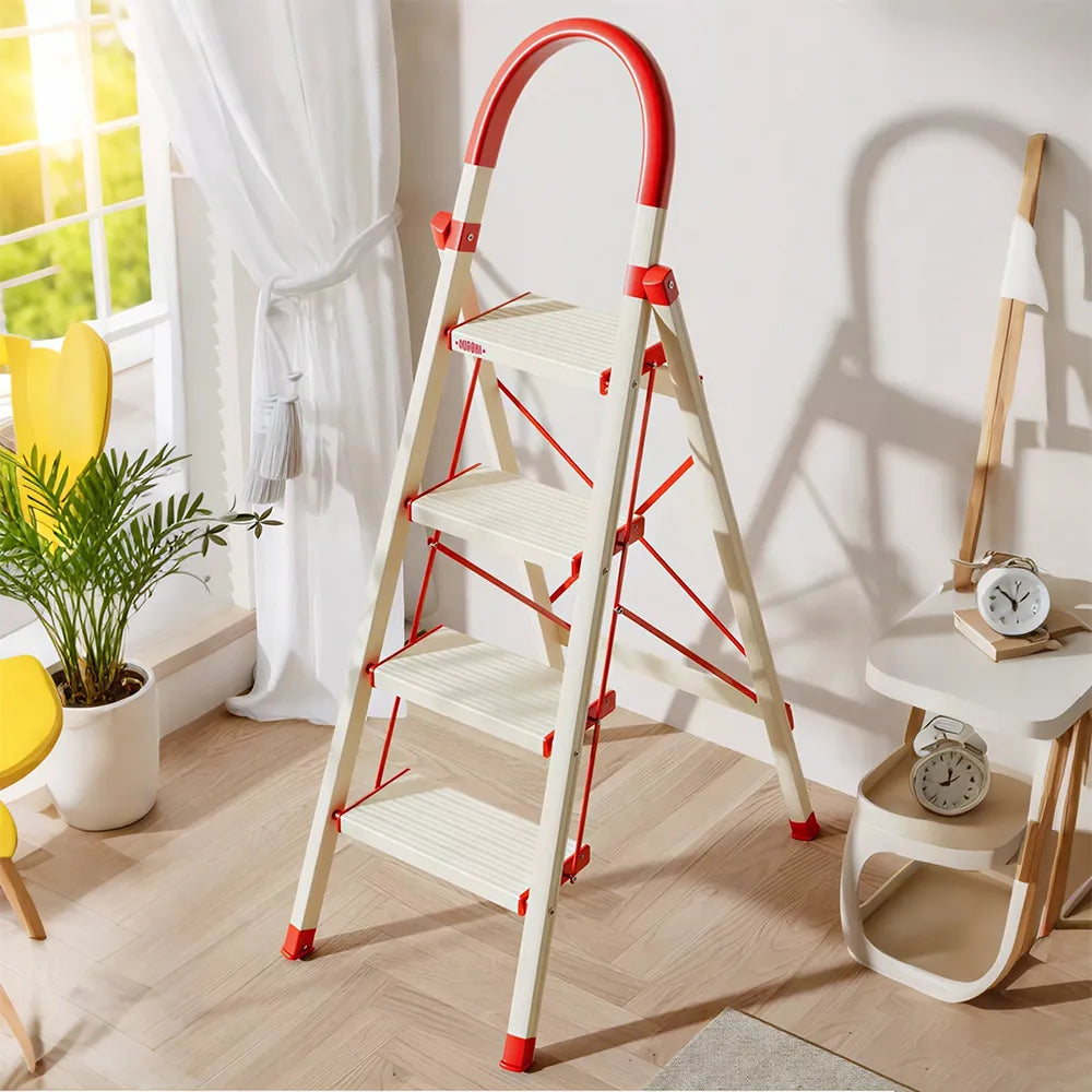 GROVIA Aluminium Alloy 4-Step Folding Ladder - Safety Lock & 18cm Wide Top Step for Home Use - Cream White & Red