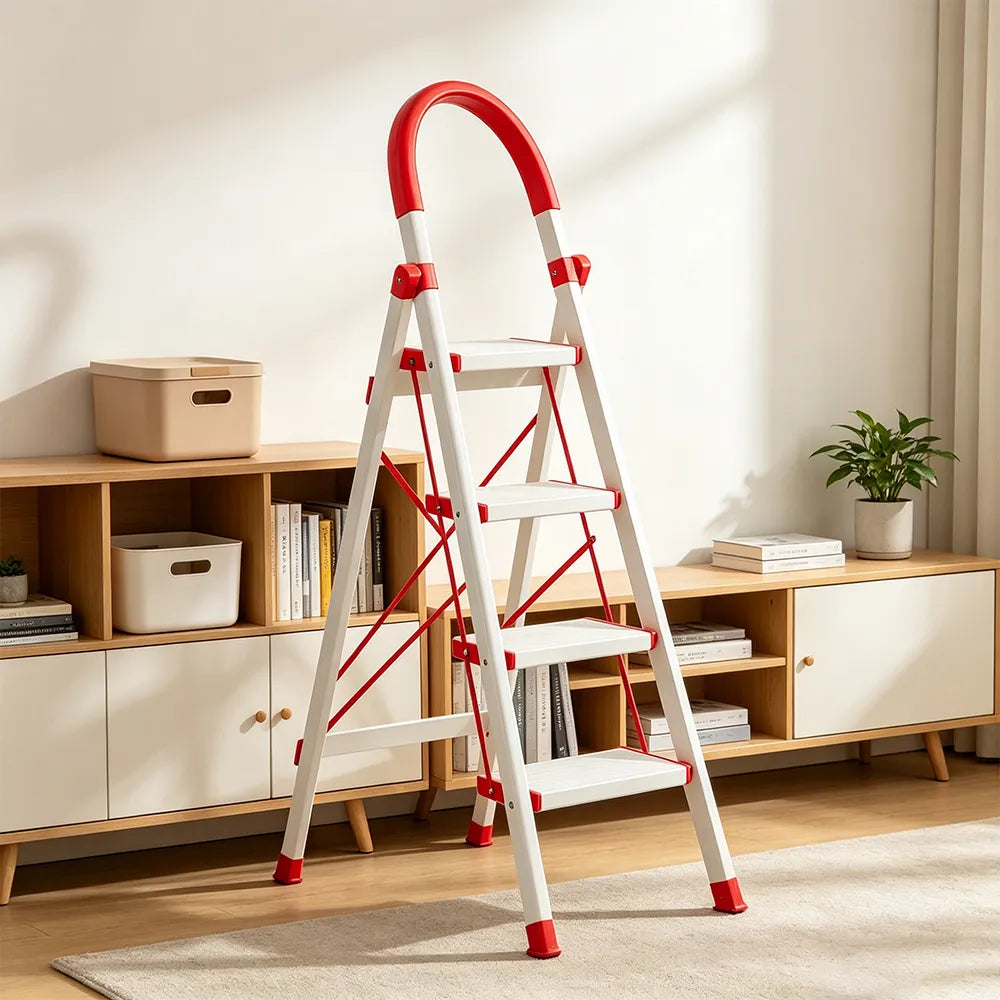 GROVIA Aluminium Alloy 4-Step Folding Ladder - Safety Lock & 18cm Wide Top Step for Home Use - Cream White & Red