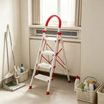 GROVIA Aluminium Alloy 4-Step Folding Ladder - Safety Lock & 18cm Wide Top Step for Home Use - Cream White & Red