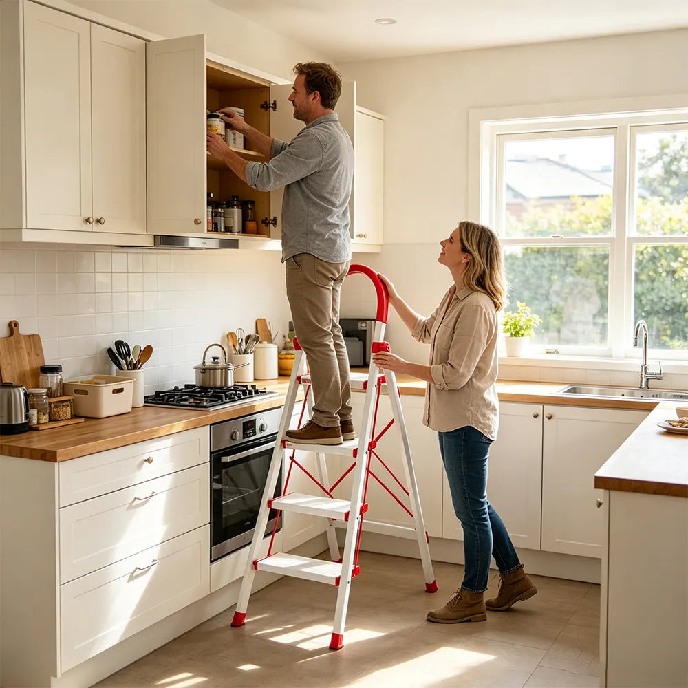 GROVIA Aluminium Alloy 4-Step Folding Ladder - Safety Lock & 18cm Wide Top Step for Home Use - Cream White & Red