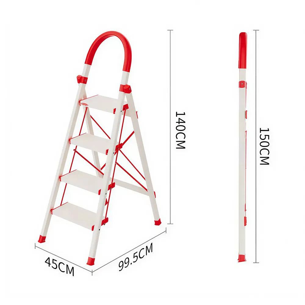 GROVIA Aluminium Alloy 4-Step Folding Ladder - Safety Lock & 18cm Wide Top Step for Home Use - Cream White & Red