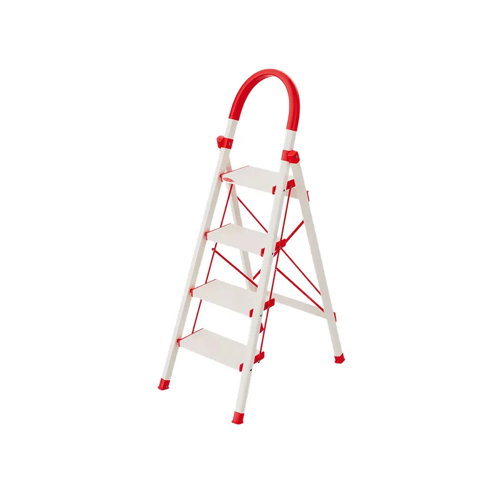 GROVIA Aluminium Alloy 4-Step Folding Ladder - Safety Lock & 18cm Wide Top Step for Home Use - Cream White & Red