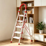 GROVIA Aluminium Alloy 5-Step Folding Ladder - Safety Lock & 18cm Wide Top Step for Home Use - Cream White & Red