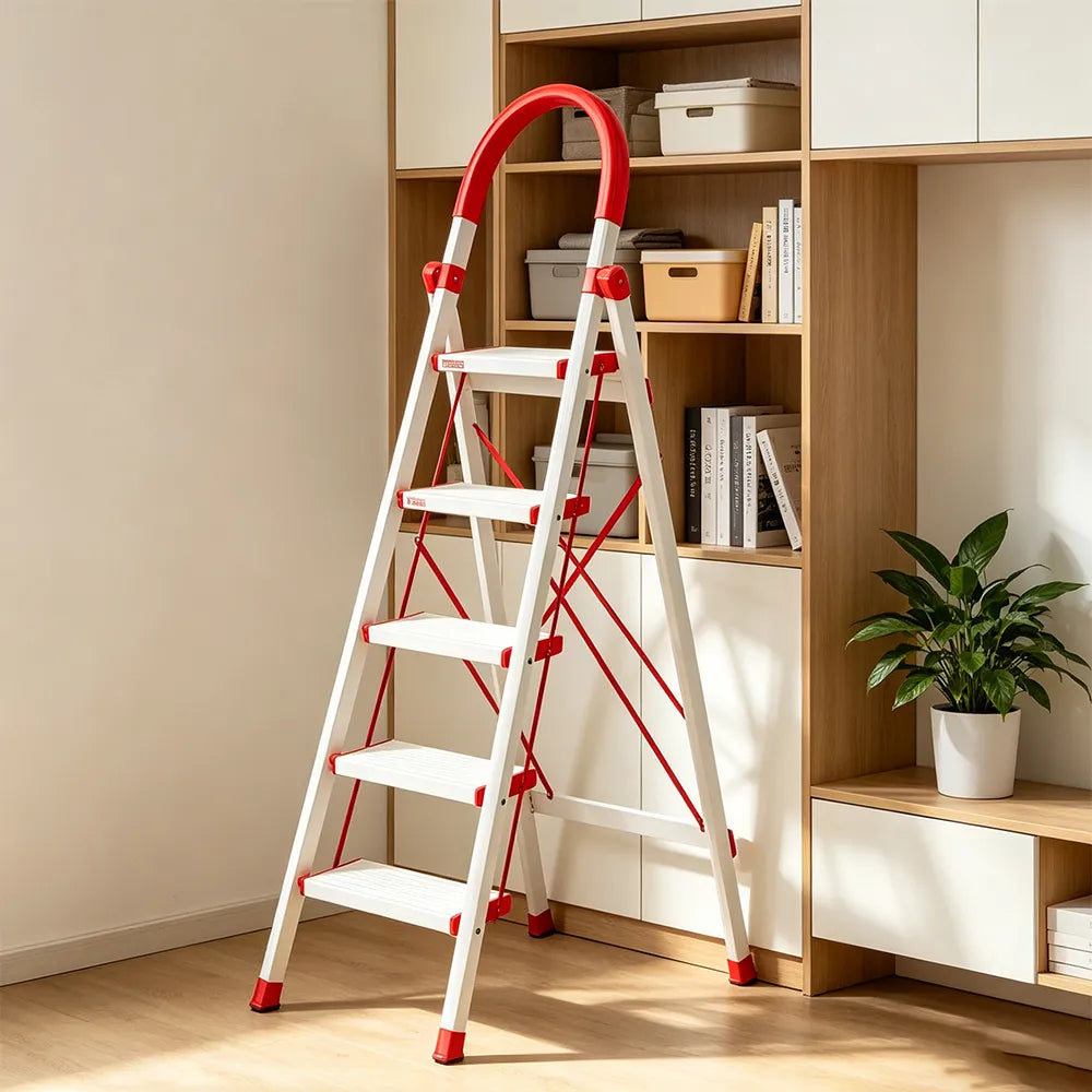 GROVIA Aluminium Alloy 5-Step Folding Ladder - Safety Lock & 18cm Wide Top Step for Home Use - Cream White & Red