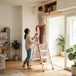 GROVIA Aluminium Alloy 5-Step Folding Ladder - Safety Lock & 18cm Wide Top Step for Home Use - Cream White & Red