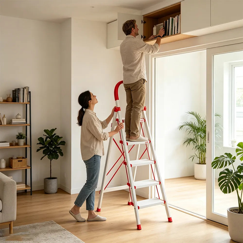 GROVIA Aluminium Alloy 5-Step Folding Ladder - Safety Lock & 18cm Wide Top Step for Home Use - Cream White & Red