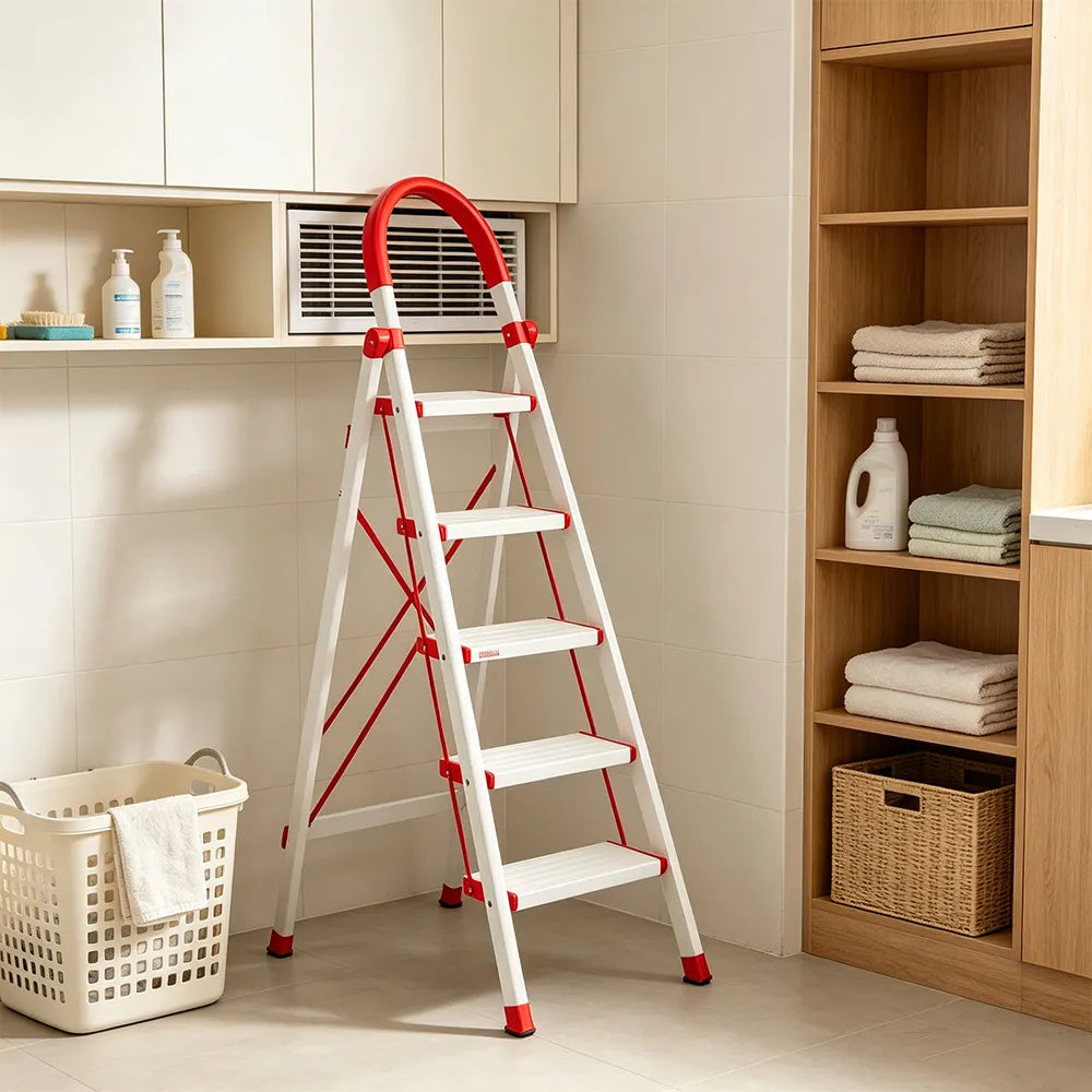 GROVIA Aluminium Alloy 5-Step Folding Ladder - Safety Lock & 18cm Wide Top Step for Home Use - Cream White & Red