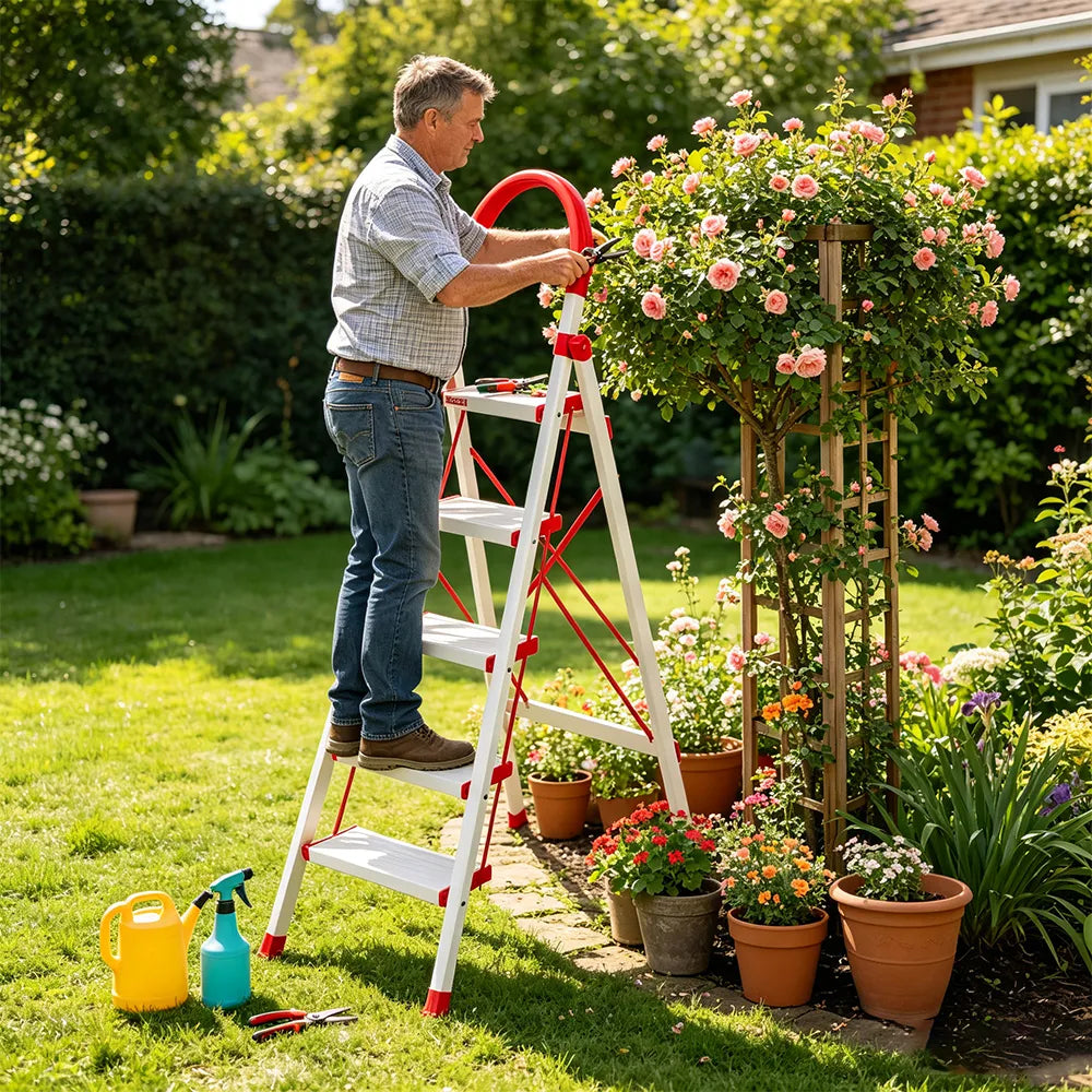 GROVIA Aluminium Alloy 5-Step Folding Ladder - Safety Lock & 18cm Wide Top Step for Home Use - Cream White & Red