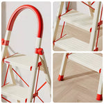 GROVIA Aluminium Alloy 5-Step Folding Ladder - Safety Lock & 18cm Wide Top Step for Home Use - Cream White & Red