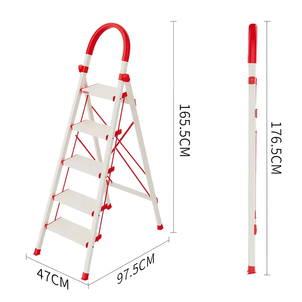 GROVIA Aluminium Alloy 5-Step Folding Ladder - Safety Lock & 18cm Wide Top Step for Home Use - Cream White & Red