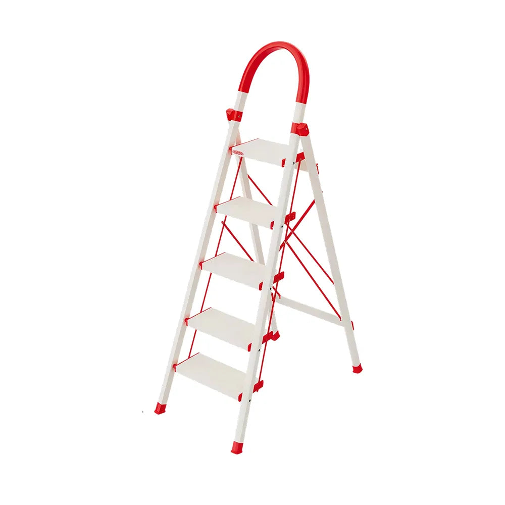 GROVIA Aluminium Alloy 5-Step Folding Ladder - Safety Lock & 18cm Wide Top Step for Home Use - Cream White & Red