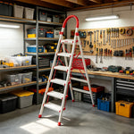 GROVIA Aluminium Alloy 6-Step Folding Ladder - Safety Lock & 18cm Wide Top Step for Home Use - Cream White & Red