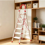 GROVIA Aluminium Alloy 6-Step Folding Ladder - Safety Lock & 18cm Wide Top Step for Home Use - Cream White & Red