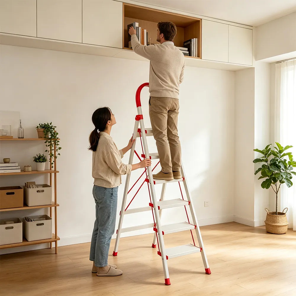 GROVIA Aluminium Alloy 6-Step Folding Ladder - Safety Lock & 18cm Wide Top Step for Home Use - Cream White & Red
