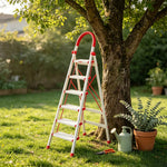GROVIA Aluminium Alloy 6-Step Folding Ladder - Safety Lock & 18cm Wide Top Step for Home Use - Cream White & Red