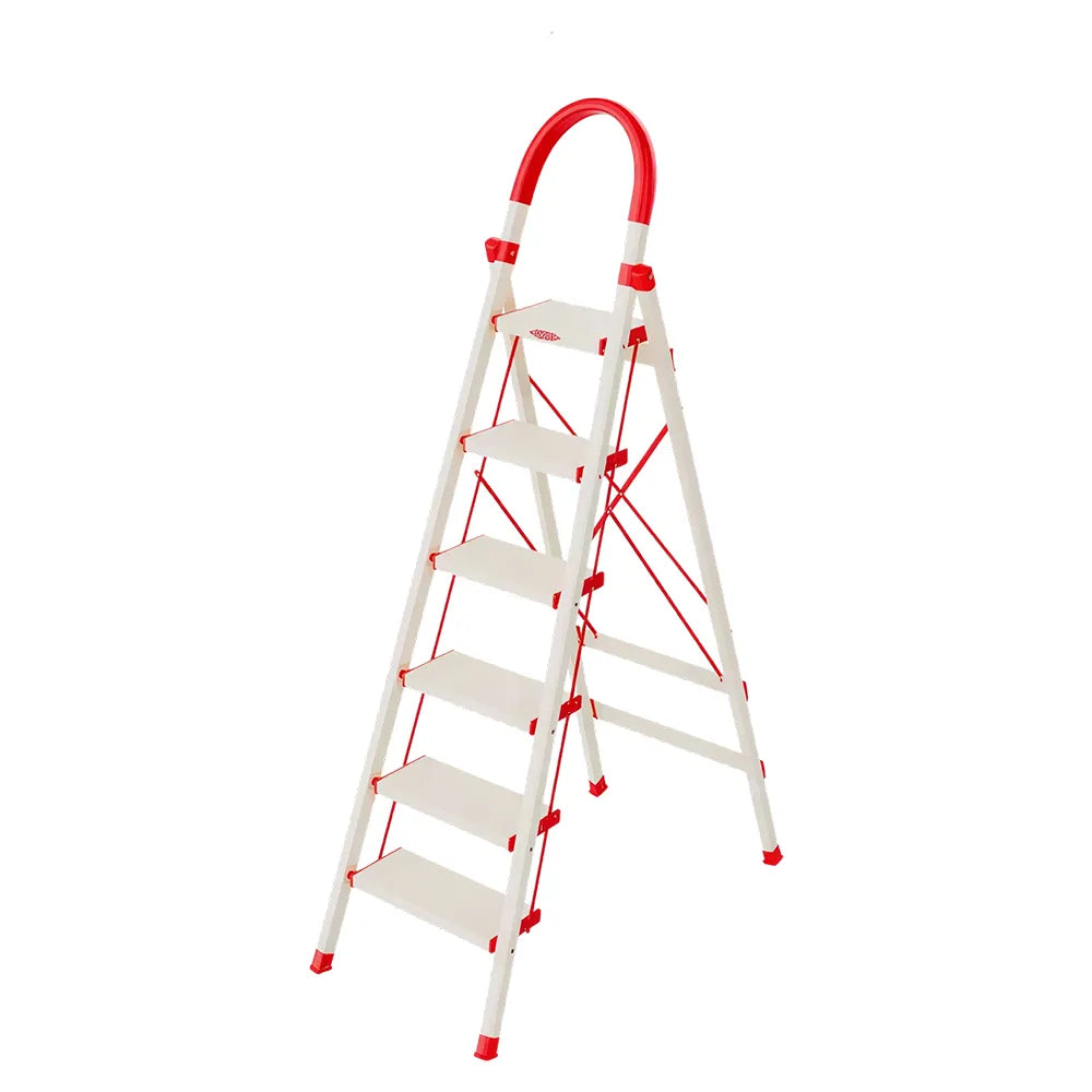 GROVIA Aluminium Alloy 6-Step Folding Ladder - Safety Lock & 18cm Wide Top Step for Home Use - Cream White & Red