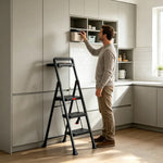 GROVIA Prestige Series Carbon Steel 3-Step Folding Ladder - Tool Tray & 35 x 29cm Platform, 2.8m Reach - Black