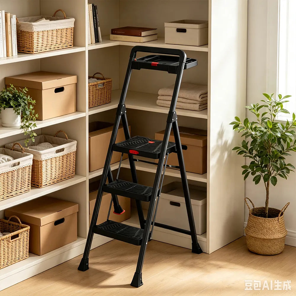 GROVIA Prestige Series Carbon Steel 3-Step Folding Ladder - Tool Tray & 35 x 29cm Platform, 2.8m Reach - Black