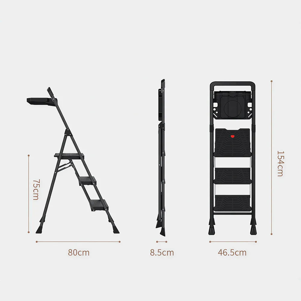 GROVIA Prestige Series Carbon Steel 3-Step Folding Ladder - Tool Tray & 35 x 29cm Platform, 2.8m Reach - Black