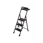 GROVIA Prestige Series Carbon Steel 3-Step Folding Ladder - Tool Tray & 35 x 29cm Platform, 2.8m Reach - Black