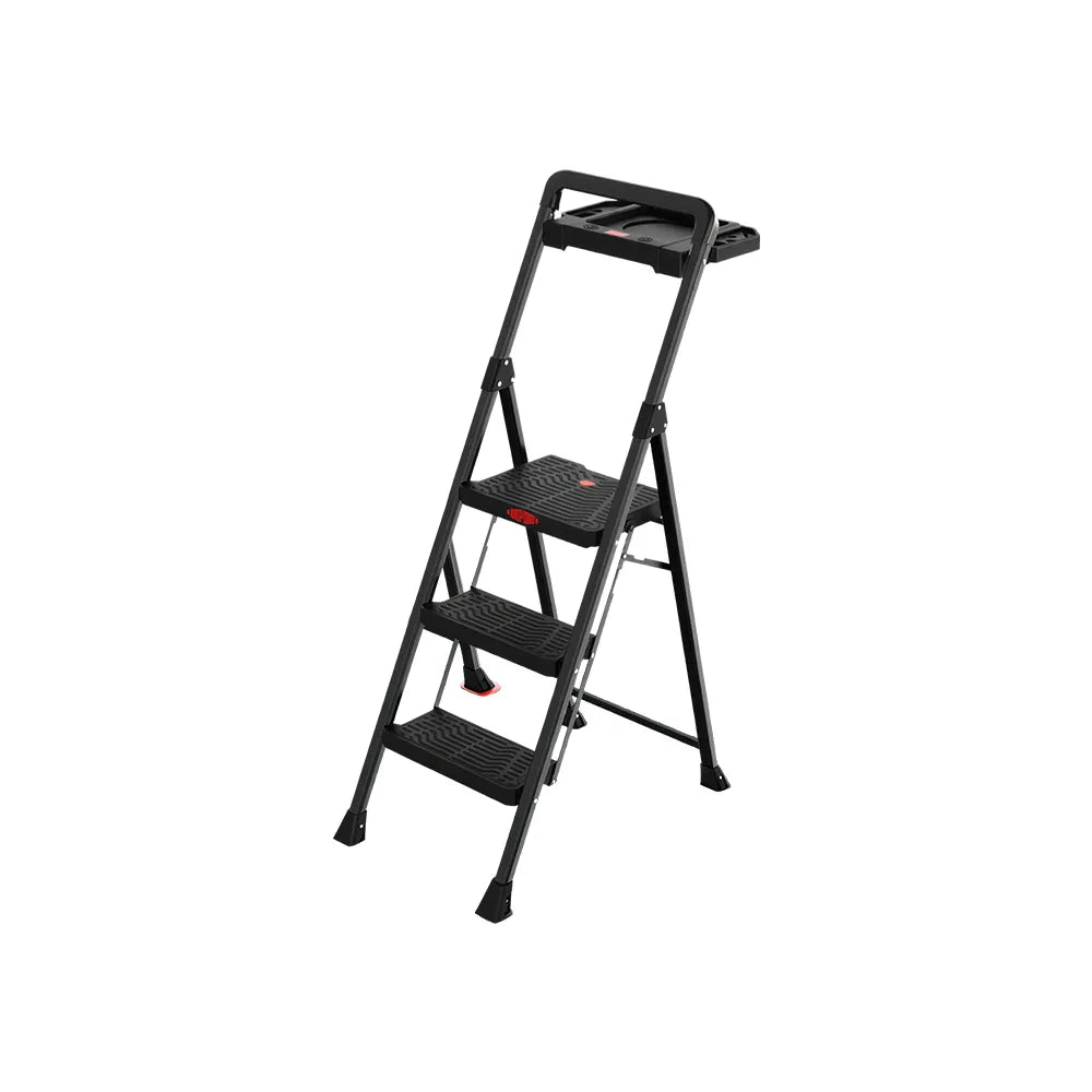 GROVIA Prestige Series Carbon Steel 3-Step Folding Ladder - Tool Tray & 35 x 29cm Platform, 2.8m Reach - Black
