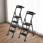 GROVIA Prestige Series Carbon Steel 4-Step Folding Ladder - Tool Tray & 35 x 29cm Platform, 3.05m Reach - Black
