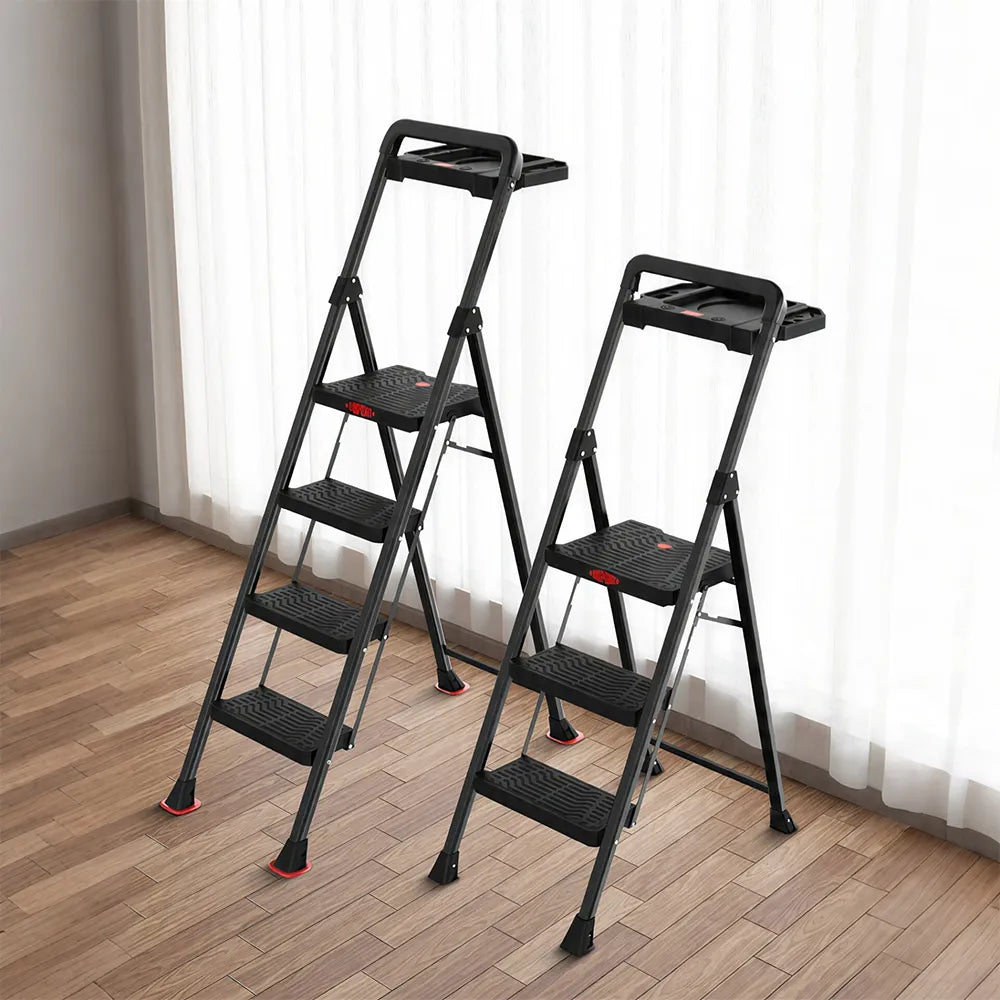 GROVIA Prestige Series Carbon Steel 4-Step Folding Ladder - Tool Tray & 35 x 29cm Platform, 3.05m Reach - Black