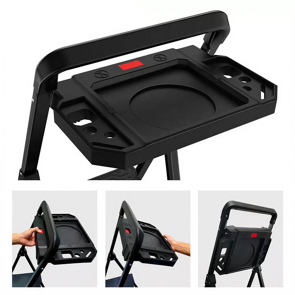 GROVIA Prestige Series Carbon Steel 4-Step Folding Ladder - Tool Tray & 35 x 29cm Platform, 3.05m Reach - Black