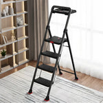 GROVIA Prestige Series Carbon Steel 4-Step Folding Ladder - Tool Tray & 35 x 29cm Platform, 3.05m Reach - Black