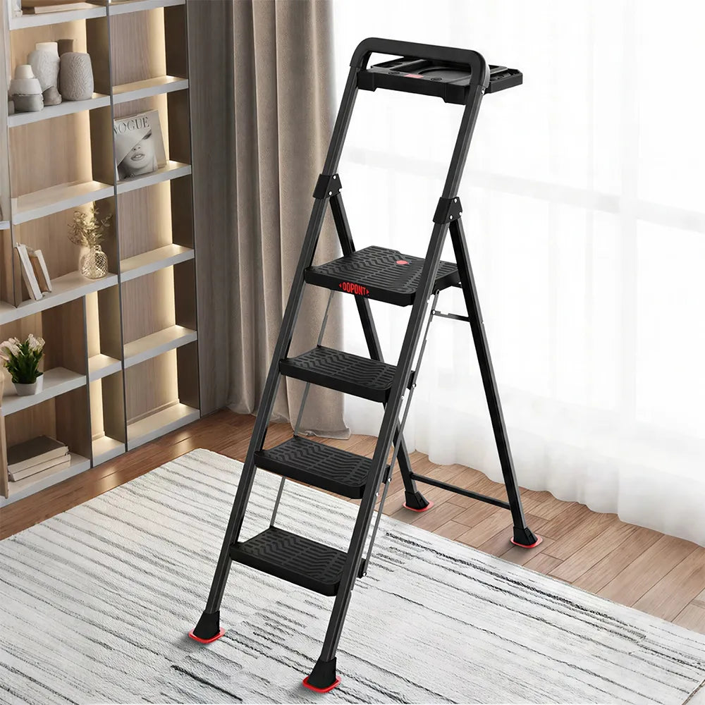 GROVIA Prestige Series Carbon Steel 4-Step Folding Ladder - Tool Tray & 35 x 29cm Platform, 3.05m Reach - Black