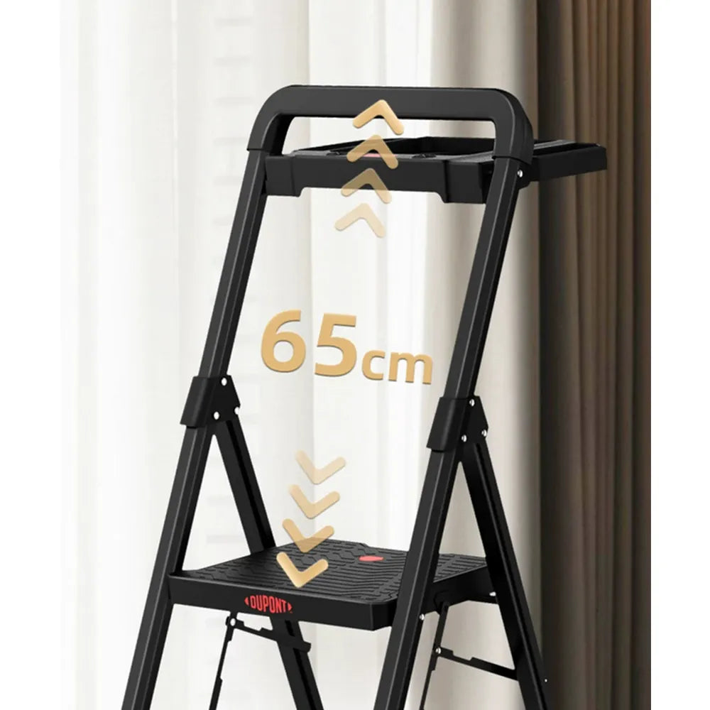 GROVIA Prestige Series Carbon Steel 4-Step Folding Ladder - Tool Tray & 35 x 29cm Platform, 3.05m Reach - Black