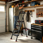 GROVIA Prestige Series Carbon Steel 4-Step Folding Ladder - Tool Tray & 35 x 29cm Platform, 3.05m Reach - Black