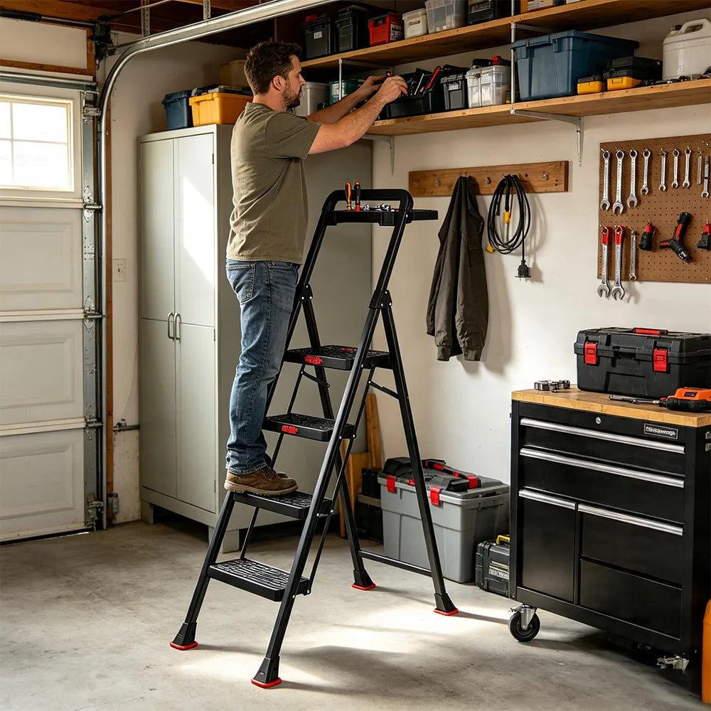 GROVIA Prestige Series Carbon Steel 4-Step Folding Ladder - Tool Tray & 35 x 29cm Platform, 3.05m Reach - Black
