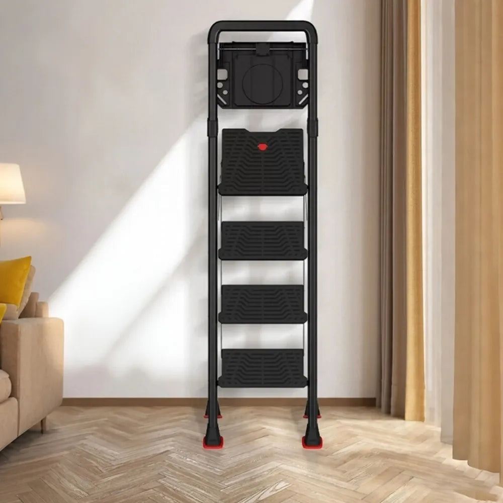 GROVIA Prestige Series Carbon Steel 4-Step Folding Ladder - Tool Tray & 35 x 29cm Platform, 3.05m Reach - Black