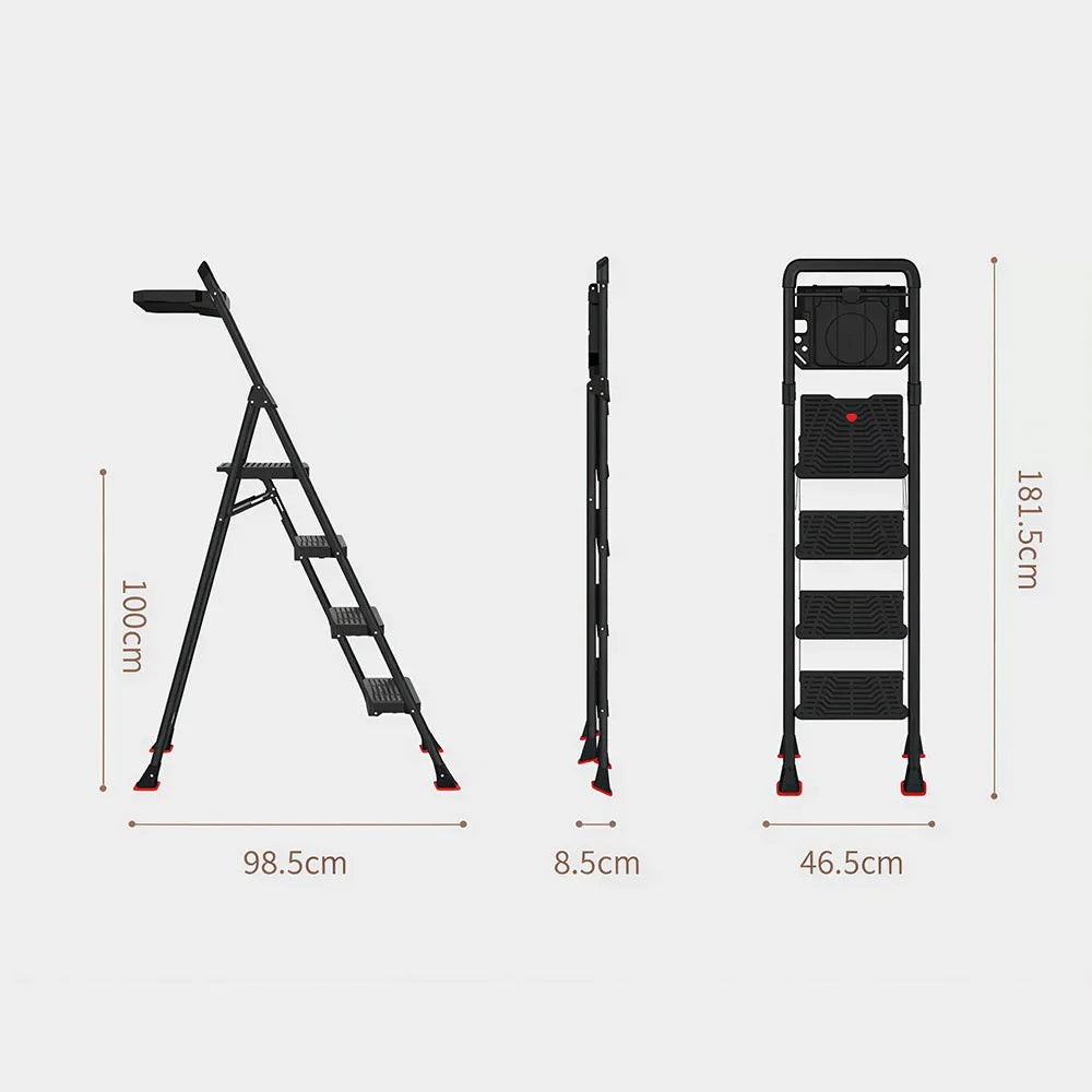 GROVIA Prestige Series Carbon Steel 4-Step Folding Ladder - Tool Tray & 35 x 29cm Platform, 3.05m Reach - Black